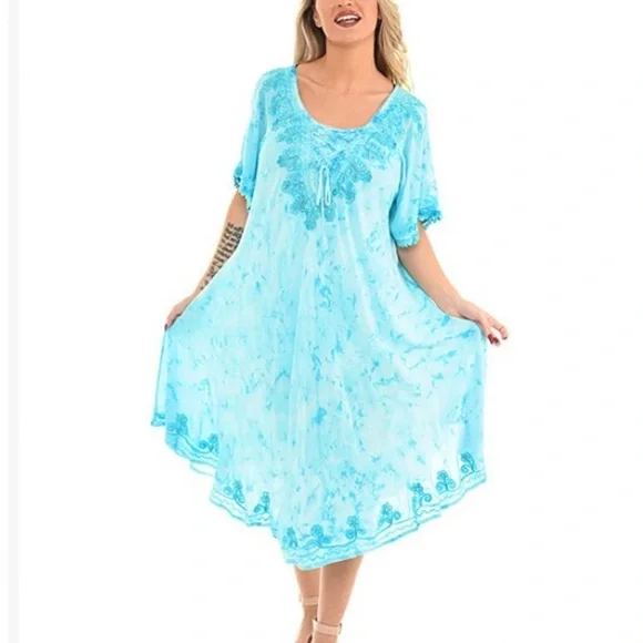SHORELINE Summer Shift Dress
Women Size 2X Turquoise Short-Sleeve Embroidered - Picture 8 of 8